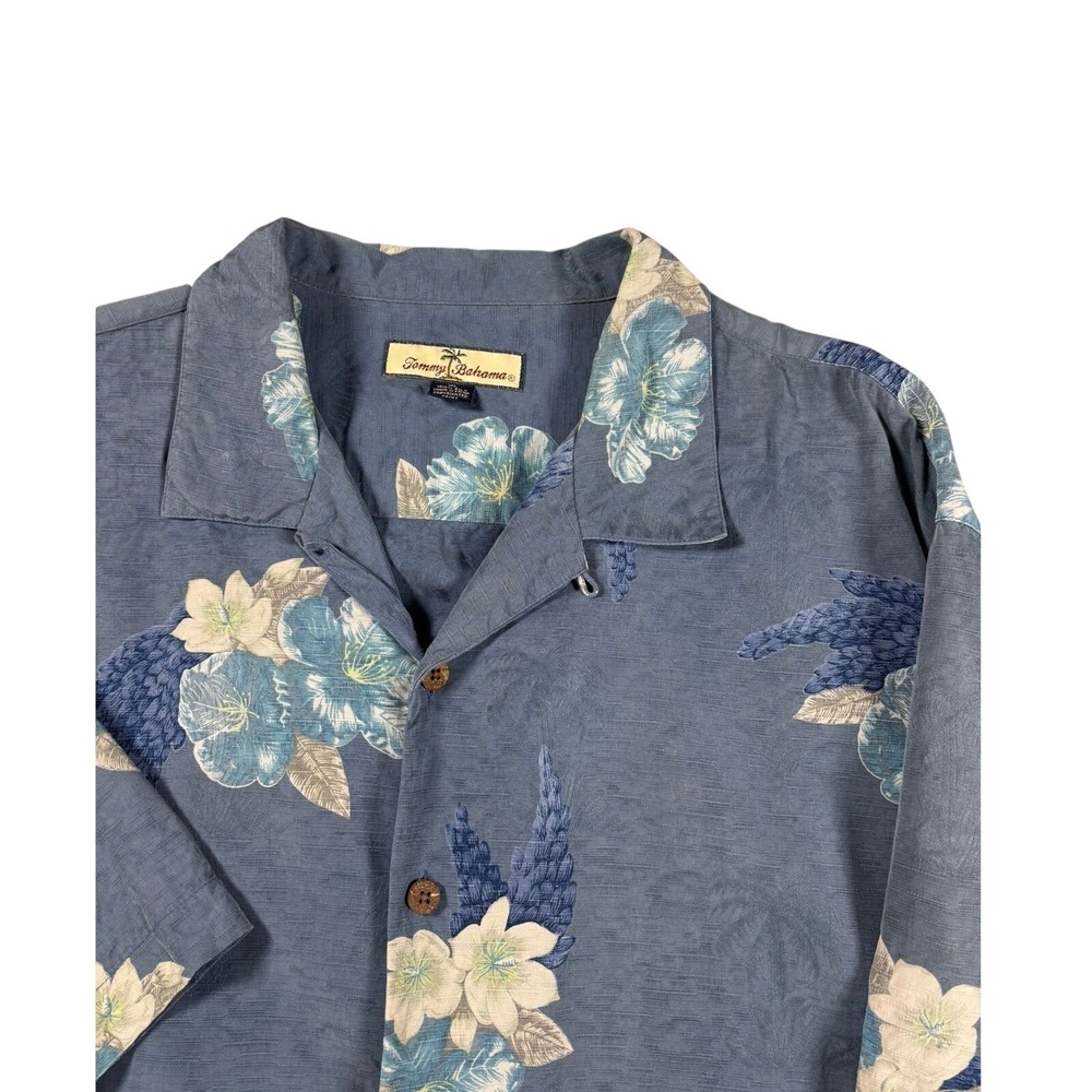 Tommy Bahama Mens 100% Silk Blend Floral Camp Shirt Blue Tropical Hibiscus XL